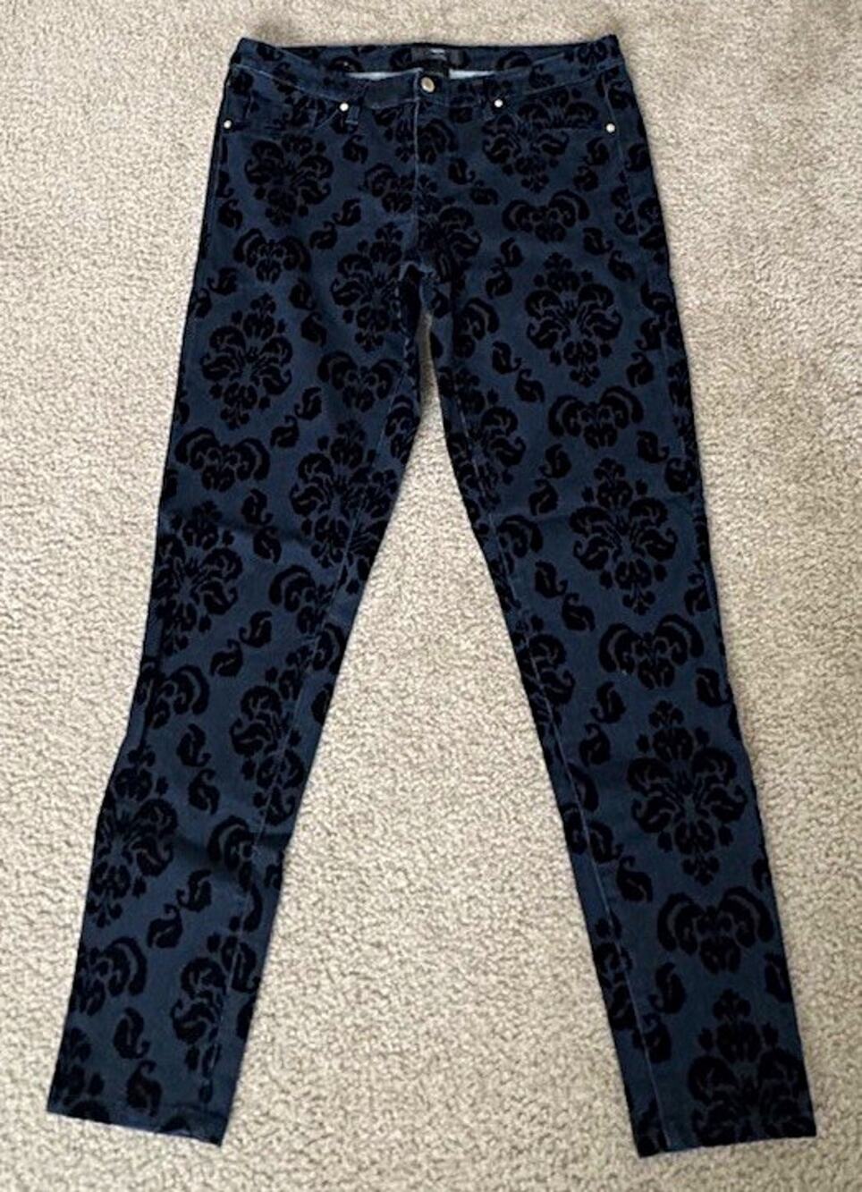 Mossimo Women’s Size 12 Blue Black Velvet Flocked Floral Skinny Jeans Stretch